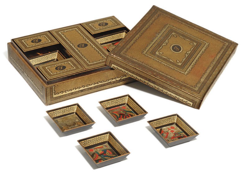 A CANTONESE BLACK AND GILT LACQUERED GAMES BOX