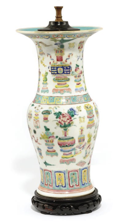 A CHINESE FAMILLE ROSE LAMPED BALUSTER VASE