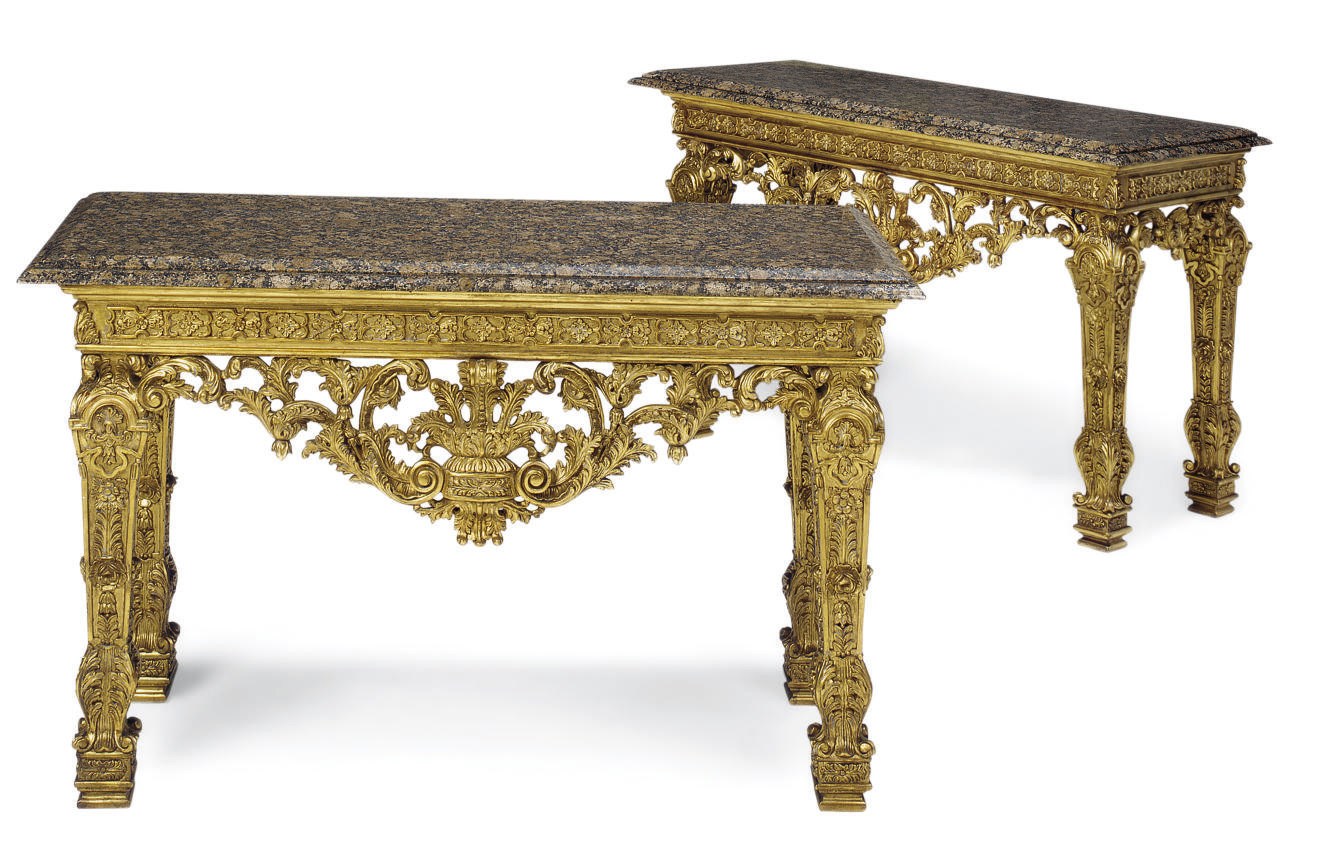 A PAIR OF GILTWOOD GRANITE MARBLE MOUNTED CONSOLE TABLES