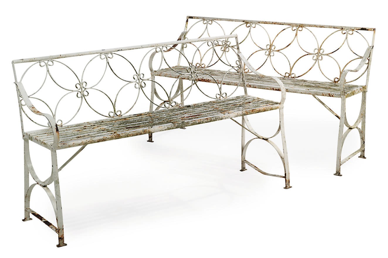 A PAIR OF WROUGHT-IRON GARDEN BENCHES