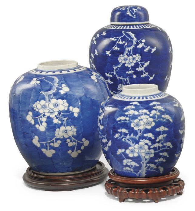 THREE CHINESE BLUE AND WHITE PRUNUS JARS