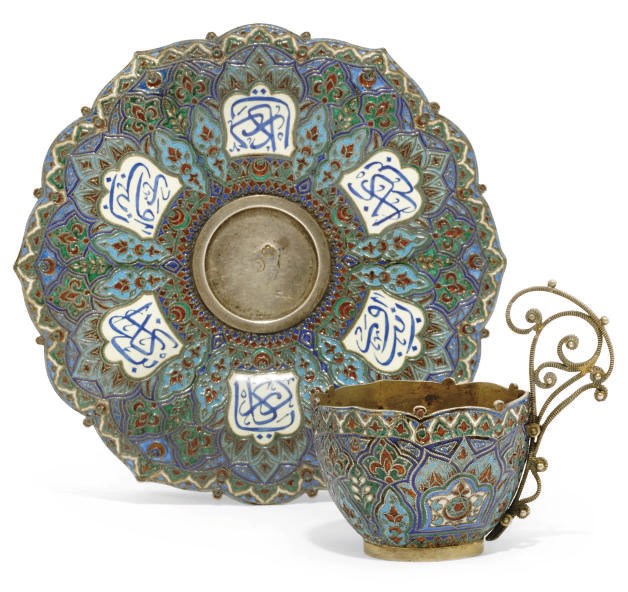 AN AUSTRIAN SILVER-GILT AND CLOISONNE ENAMEL TEA CUP AND SAUCER MADE FOR THE TURKISH MARKET