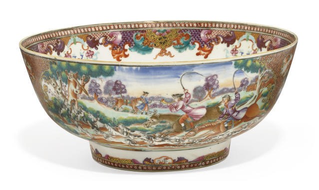 A CHINESE FAMILLE ROSE 'HUNTING' PUNCH BOWL