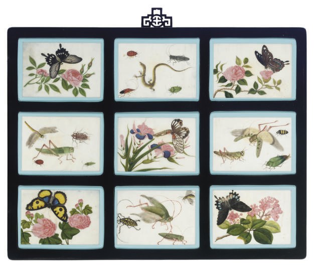 A PAIR OF CHINESE WALL PANELS, EACH CONTAINING NINE SMALL RICEPAPER PAINTINGS