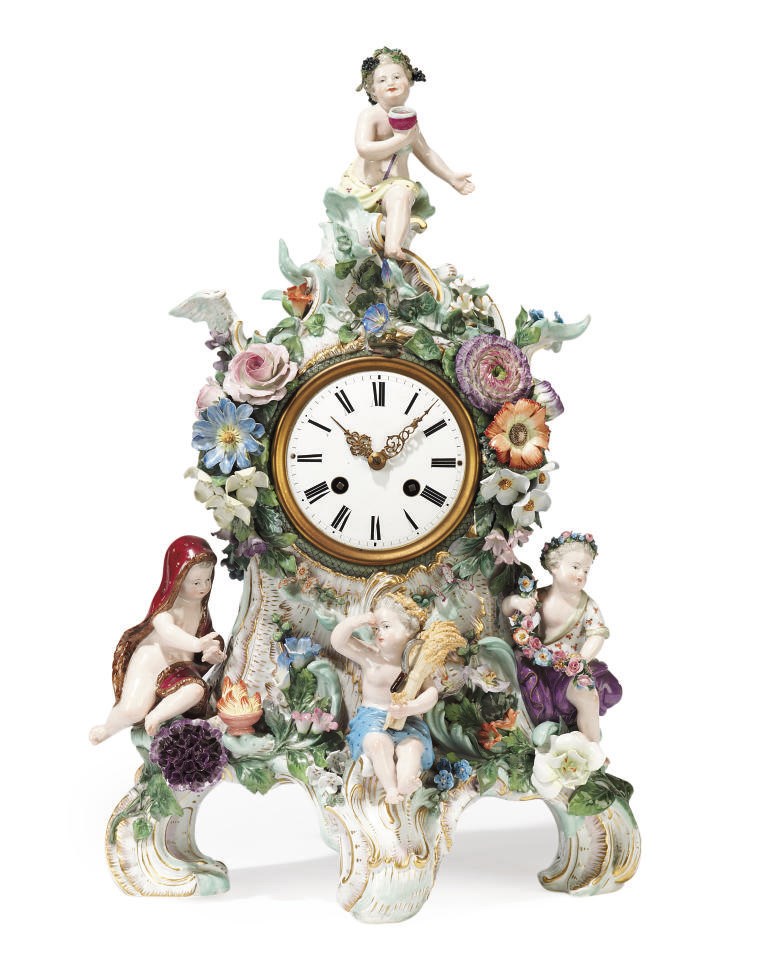 A MEISSEN PORCELAIN FIGURAL MANTEL CLOCK