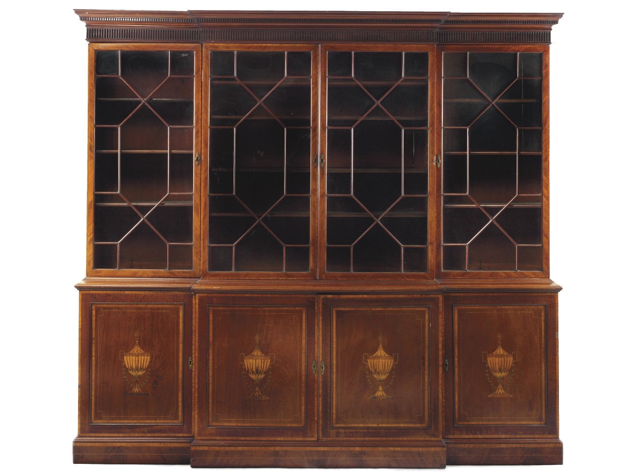 A VICTORIAN MAHOGANY AND SATINWOOD CROSSBANDED AND LINE INLAID BREAKFRONT BOOKCASE