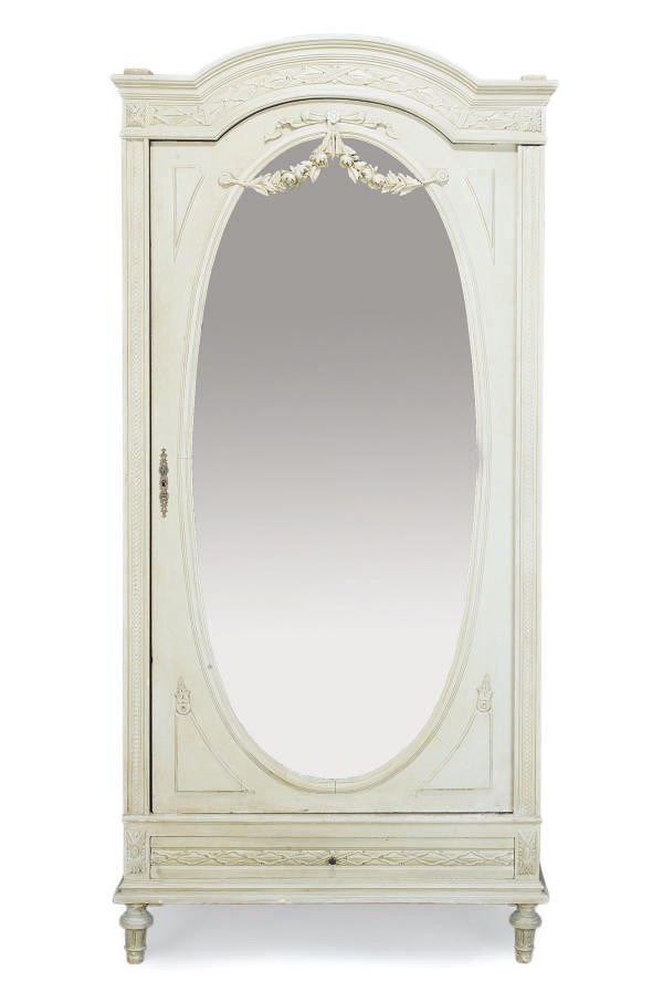 A FRENCH PALE GREEN DECORATED ARMOIRE