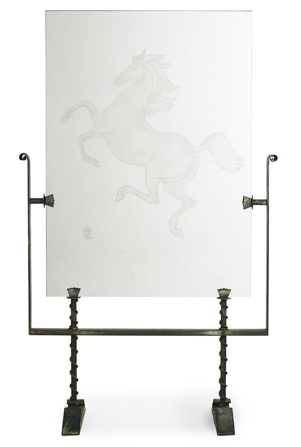 AN ITALIAN CUT AND ETCHED GLASS PANEL