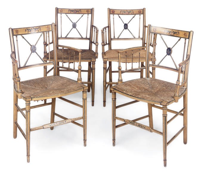 A SET OF FOUR CREAM AND POLYCHROME-DECORATED SIMULATED BAMBOO ARMCHAIR