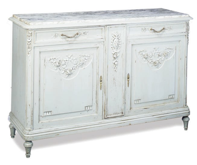 A FRENCH PALE GREEN PAINTED AND CARVED OAK BUFFET