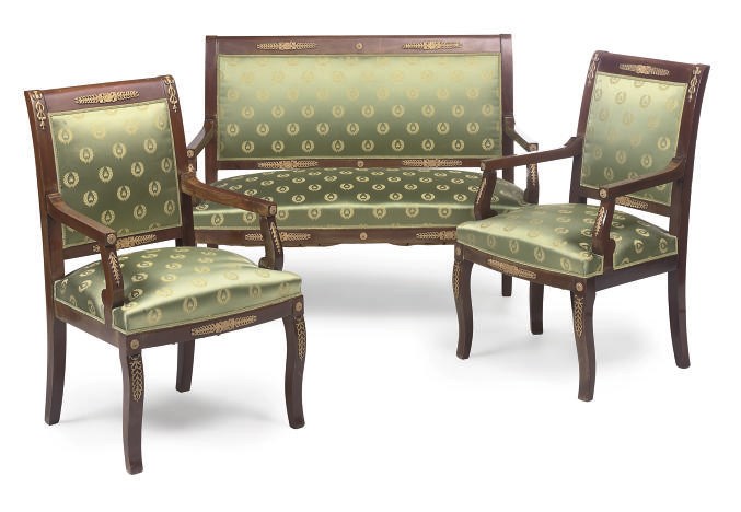 A GILT METAL MOUNTED MAHOGANY THREE PIECE SALON SUITE