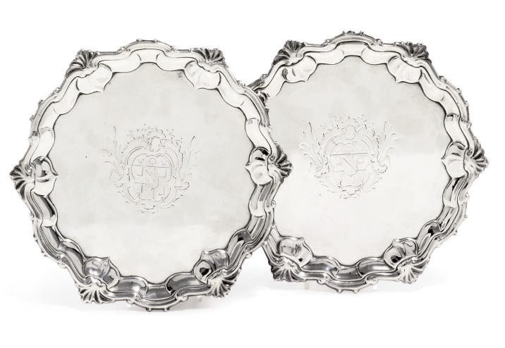 A PAIR OF GEORGE II SILVER SALVERS