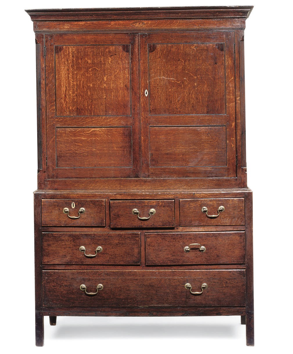 A GEORGE III OAK AND CHEQUER LINE INLAID LINEN PRESS