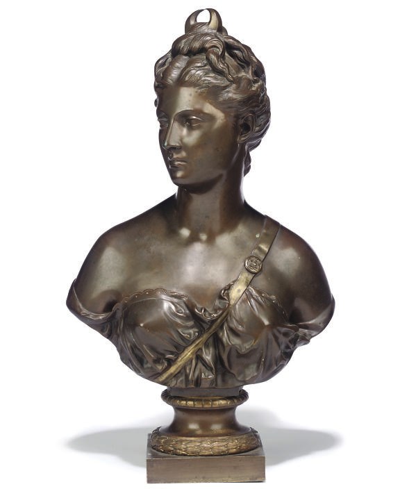 A FRENCH BRONZE BUST OF DIANA THE HUNTRESS