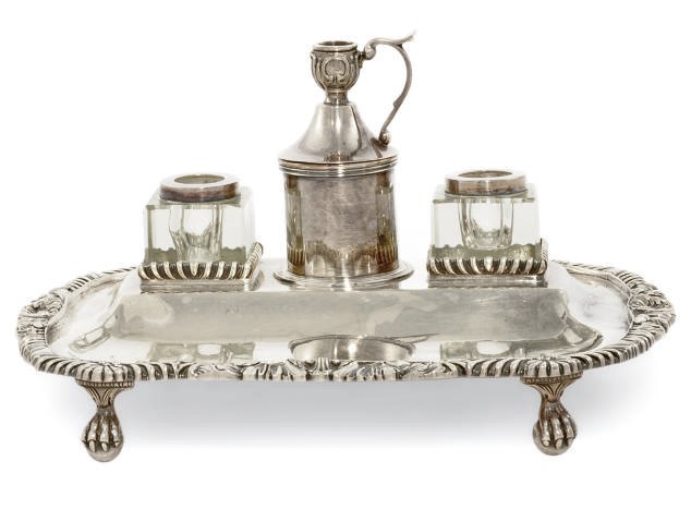 A MODERN ITALIAN METALWARE INKSTAND