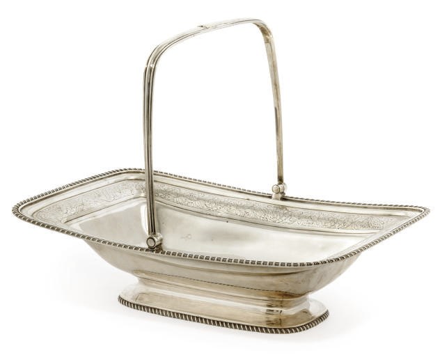 A GEORGE III SILVER SWING-HANDLED CAKE BASKET