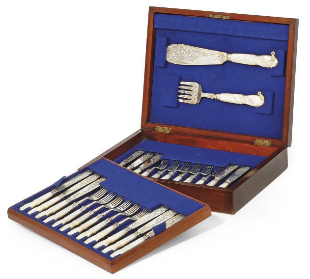 TWELVE PAIRS OF LATE VICTORIAN SILVER FISH KNIVES AND FORKS AND A PAIR OF FISH SERVERS EN SUITE