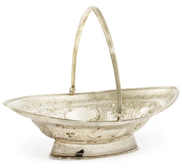 A GEORGE III SILVER SWING-HANDLED CAKE BASKET