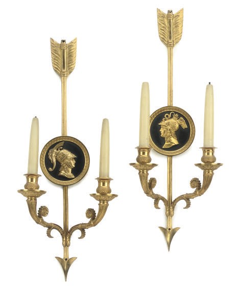 A PAIR OF GILT-BRASS TWIN-LIGHT WALL APPLIQUES