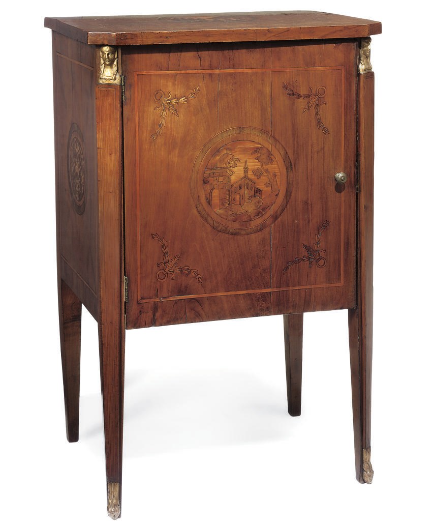 AN ITALIAN FRUITWOOD AND MARQUETRY CABINET