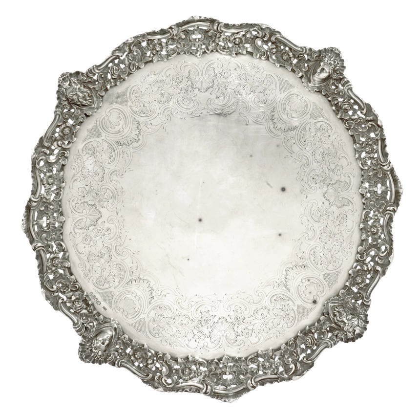 A VICTORIAN CIRCULAR SILVER SALVER WITH CAST BORDER