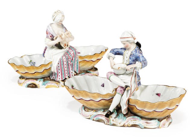 A PAIR OF MEISSEN FIGURAL SWEETMEAT DISHES