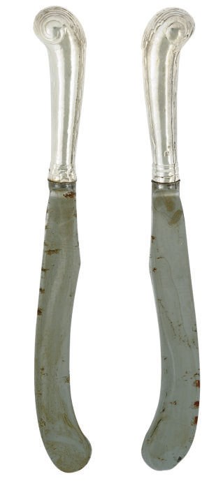 TWELVE GEORGE II SILVER PISTOL-HANDLED TABLE KNIVES WITH STEEL SCIMITAR BLADES
