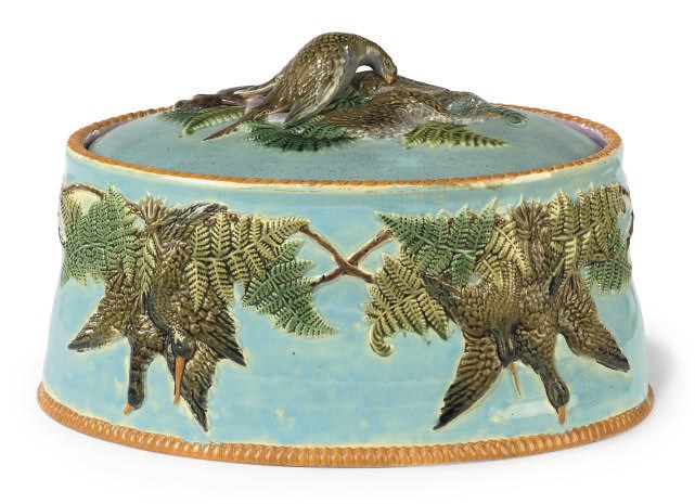 A MAJOLICA GAME PIE TUREEN, COVER AND LINER