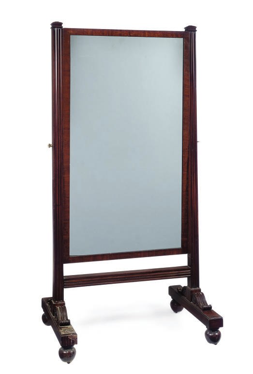 AN EARLY VICTORIAN MAHOGANY CHEVAL MIRROR