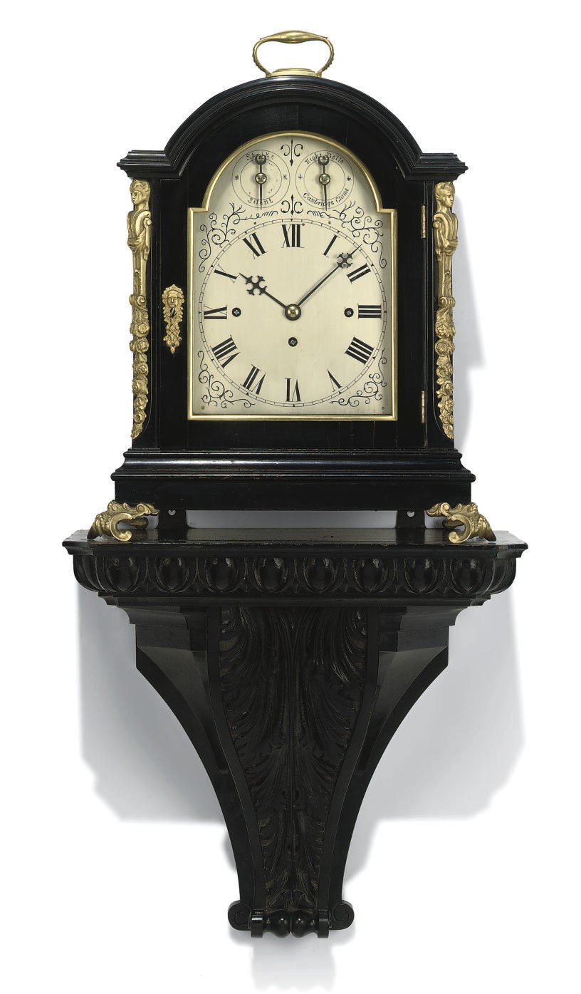 A VICTORIAN GILT-BRASS MOUNTED EBONISED QUARTER STRIKING EIGHT-DAY BRACKET CLOCK AND EBONISED BRACKET