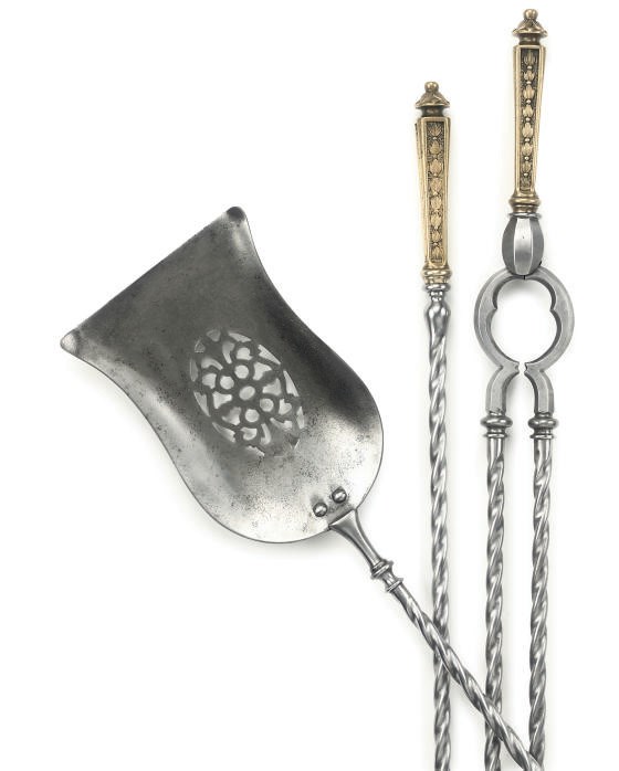 A SET OF THREE VICTORIAN STEEL AND GILT-BRASS FIRE TOOLS