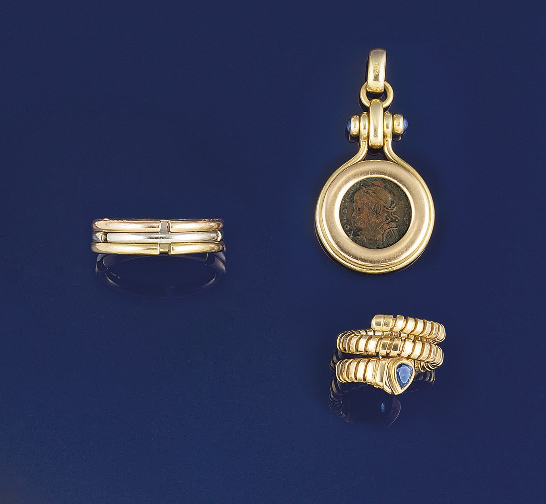 Two rings, by Bulgari and a pendant