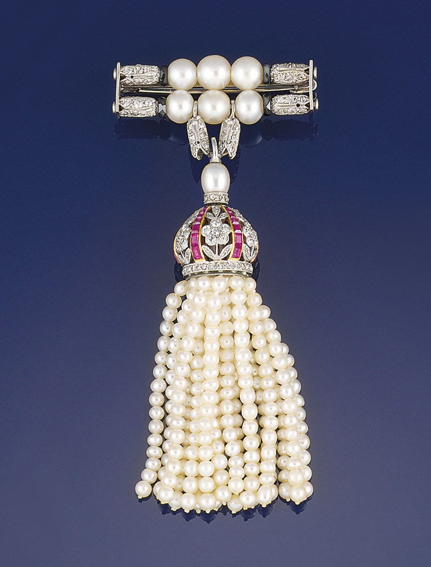 A belle epoque diamond, seed pearl ruby tassel brooch