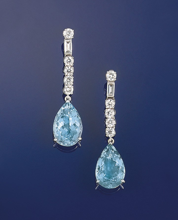 A pair of aquamarine and diamond earpendants