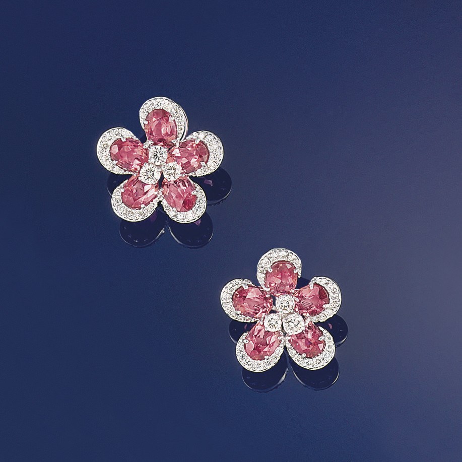 A pair of pink tourmaline and diamond earclips