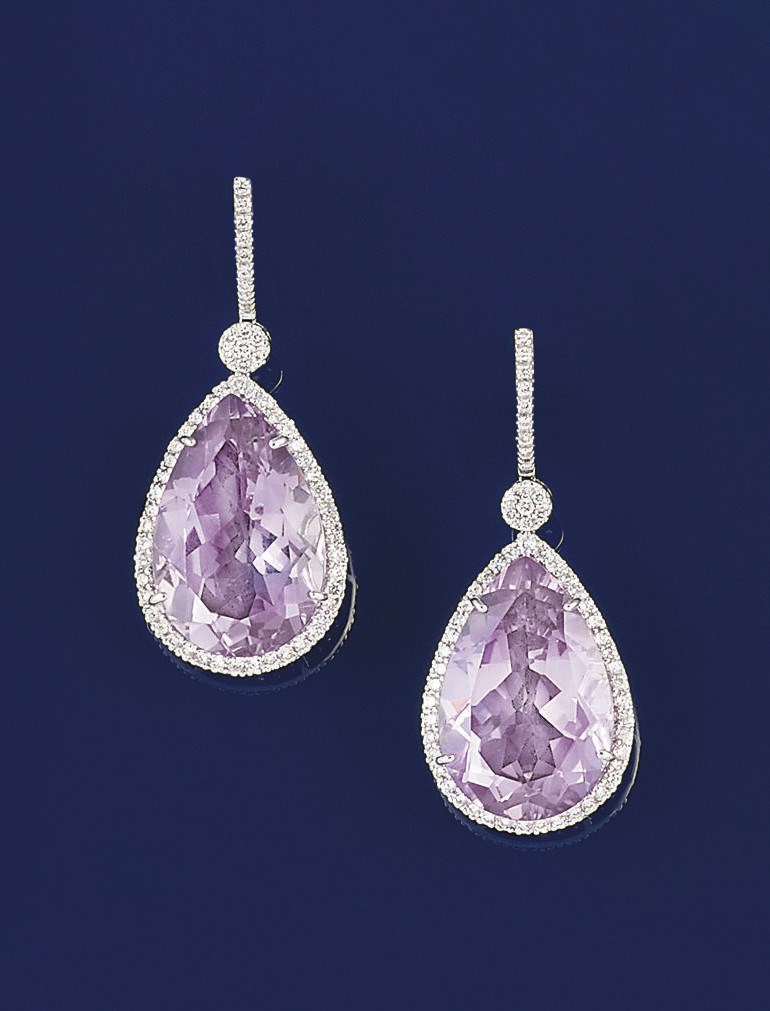 A pair of amethyst and diamond earpendants