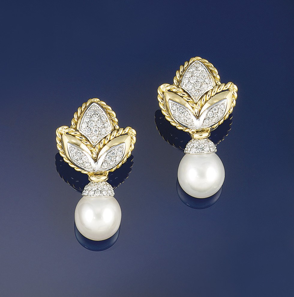 A pair of cultured pearl and diamond earpendants