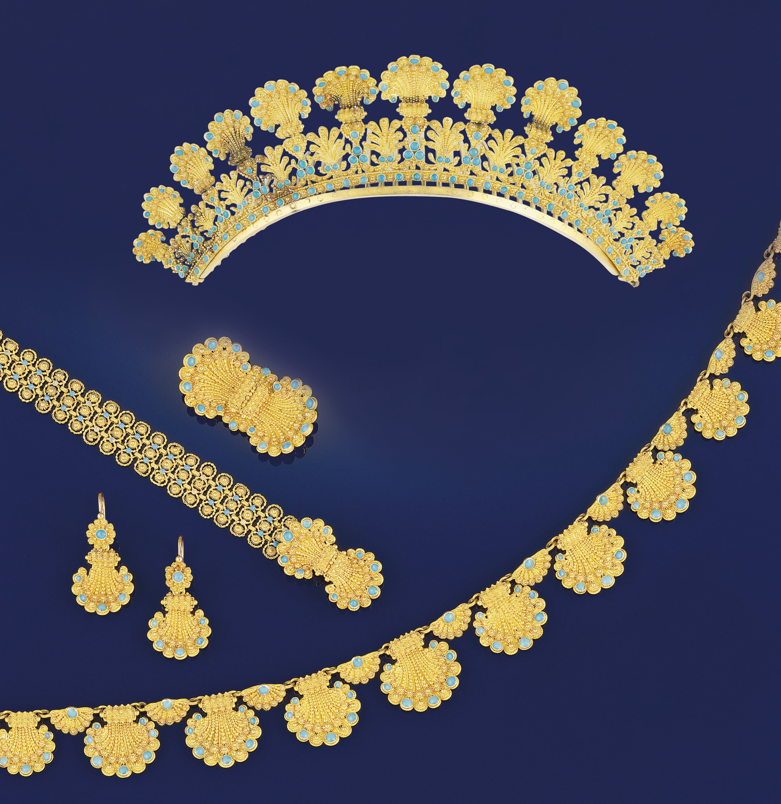 A suite of early 19th century gold and turquoise jewellery