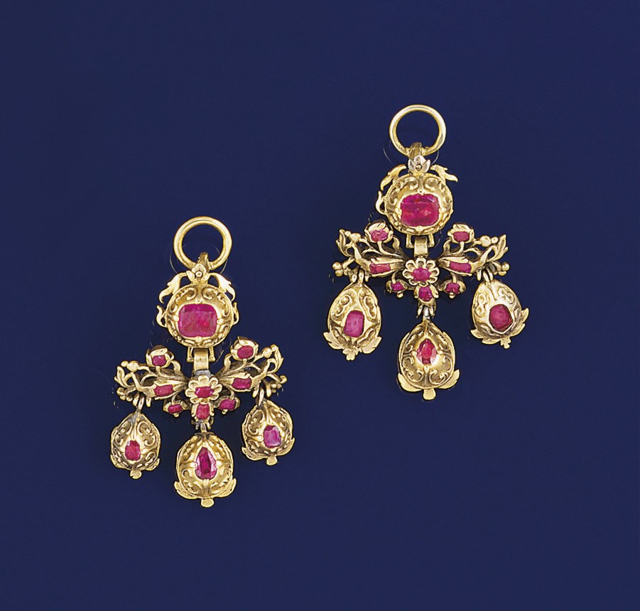 A pair of 18th century gold and ruby earpendants