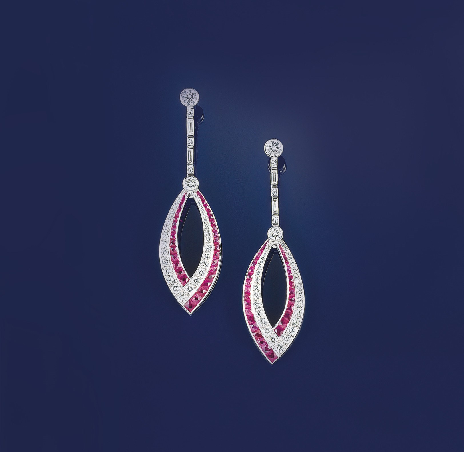 A pair of ruby and diamond earpendants