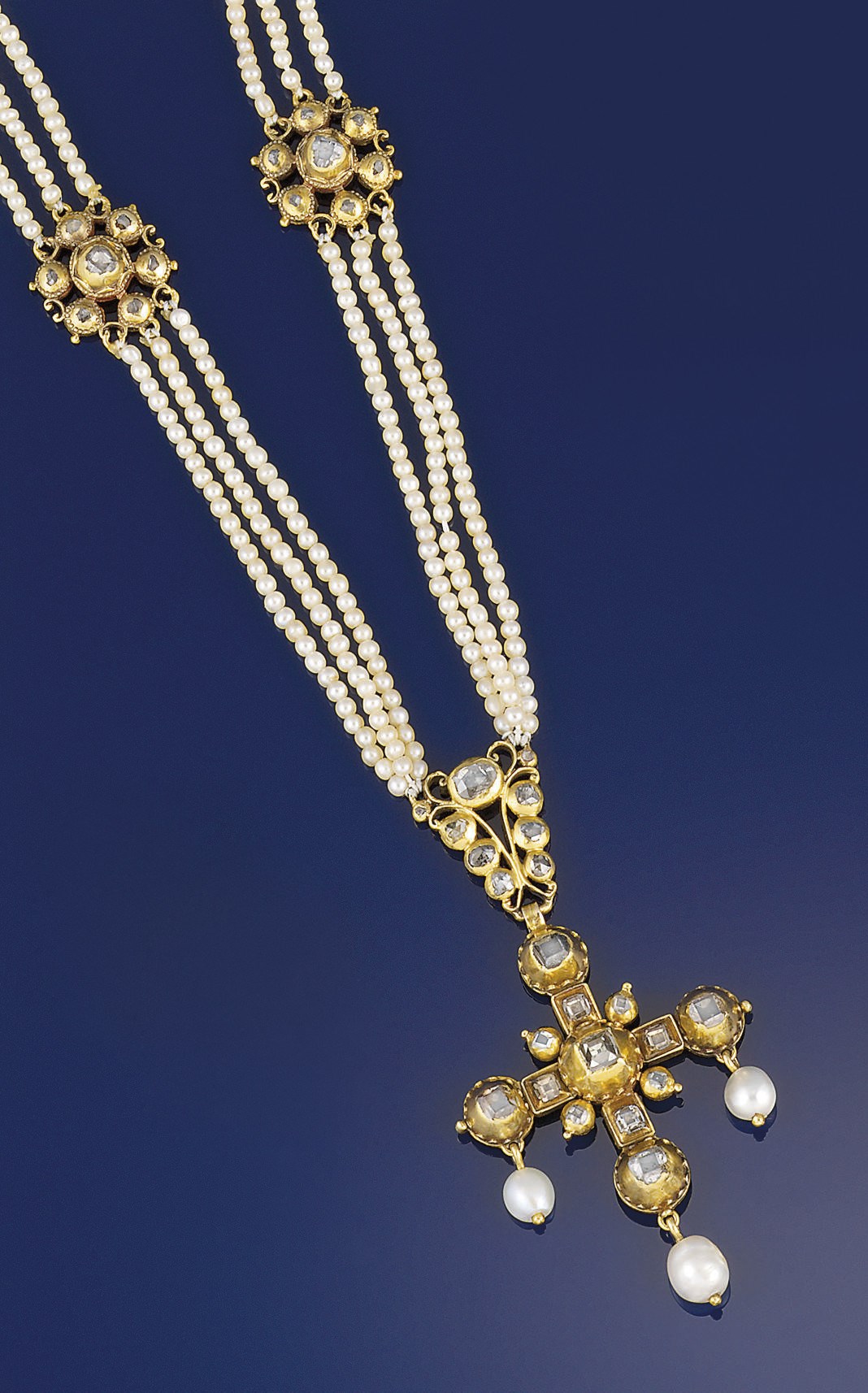 An early 18th century Spanish gold, diamond cross and seed pearl pendant necklace