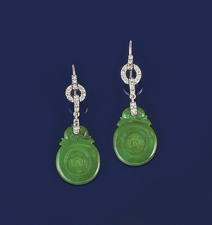 A pair of jadeite and diamond earpendants