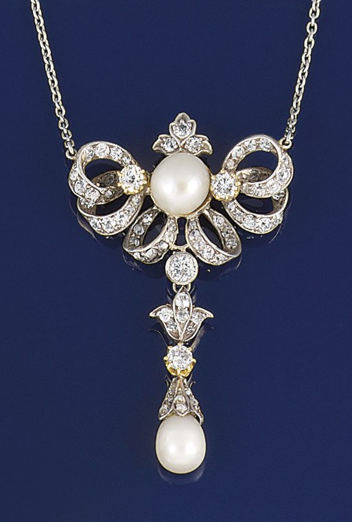 A late 19th century diamond and pearl pendant necklace