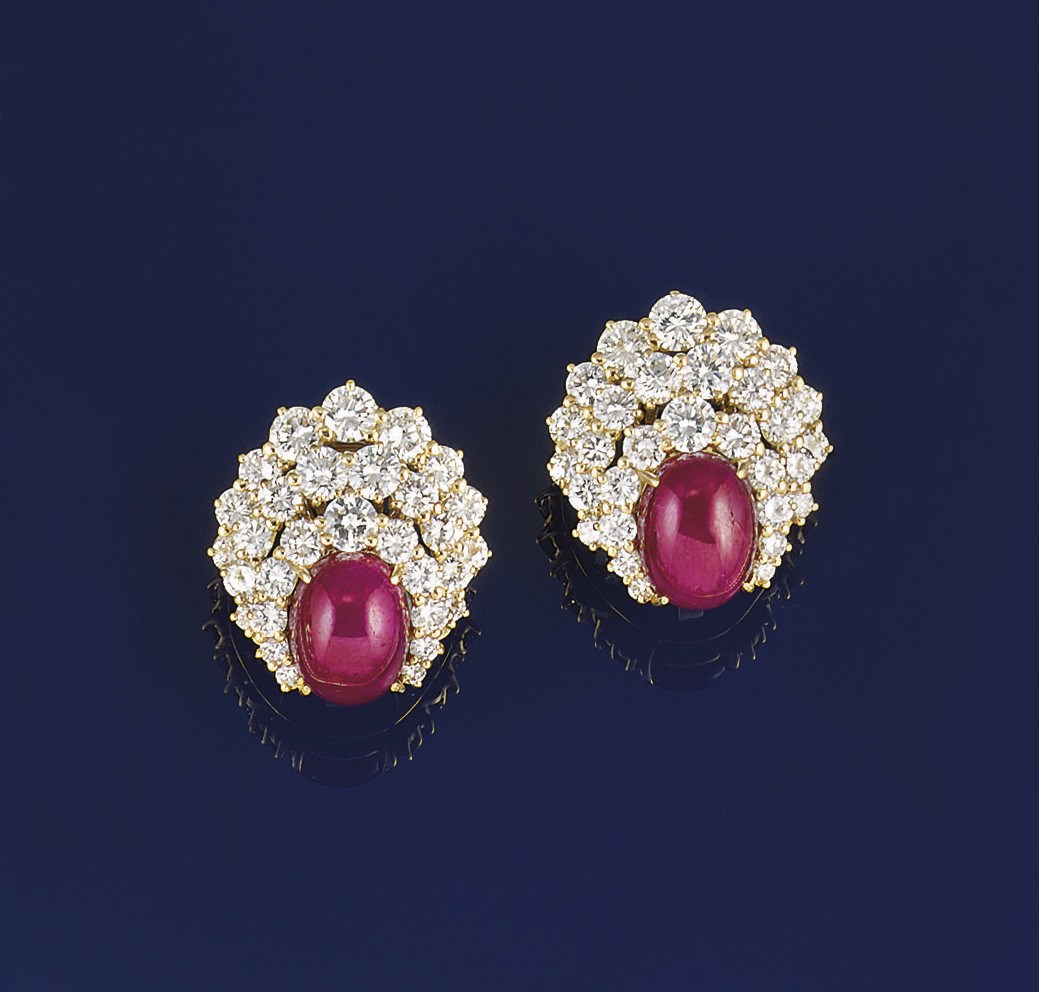 A pair of ruby and diamond earclips