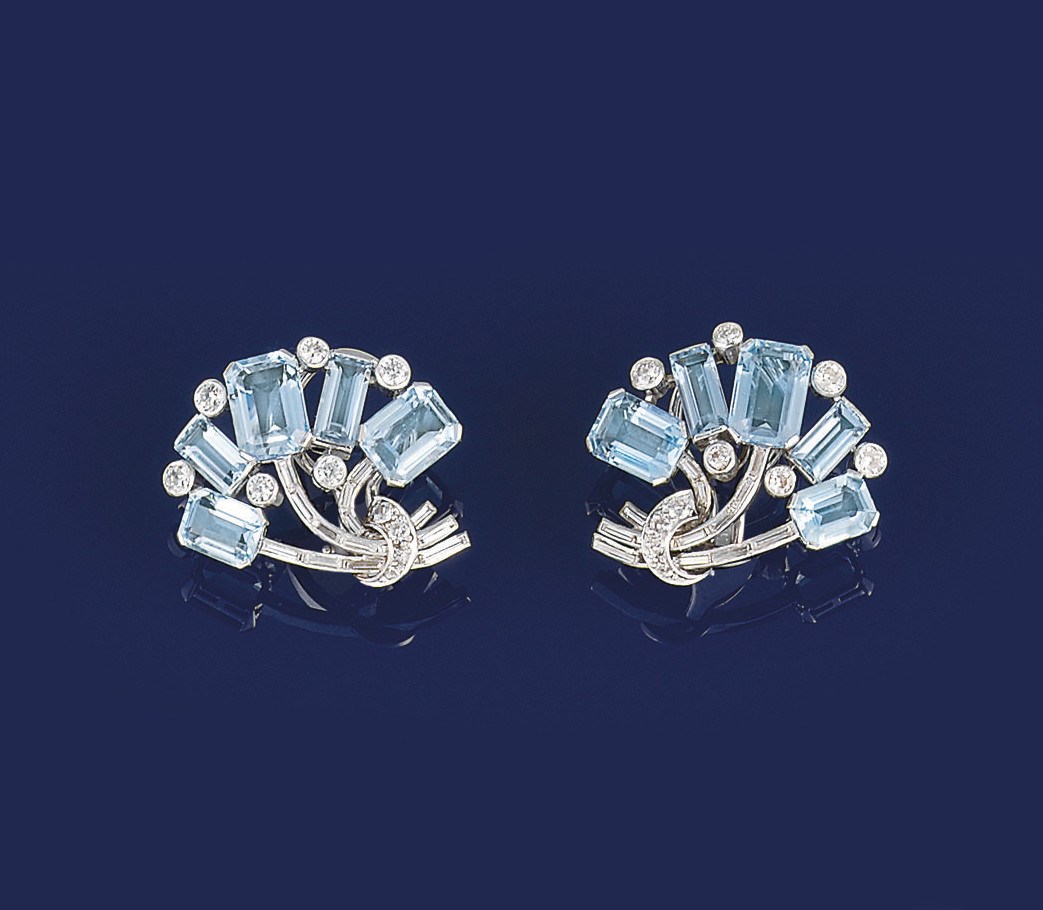 A pair of aquamarine and diamond floral earclips