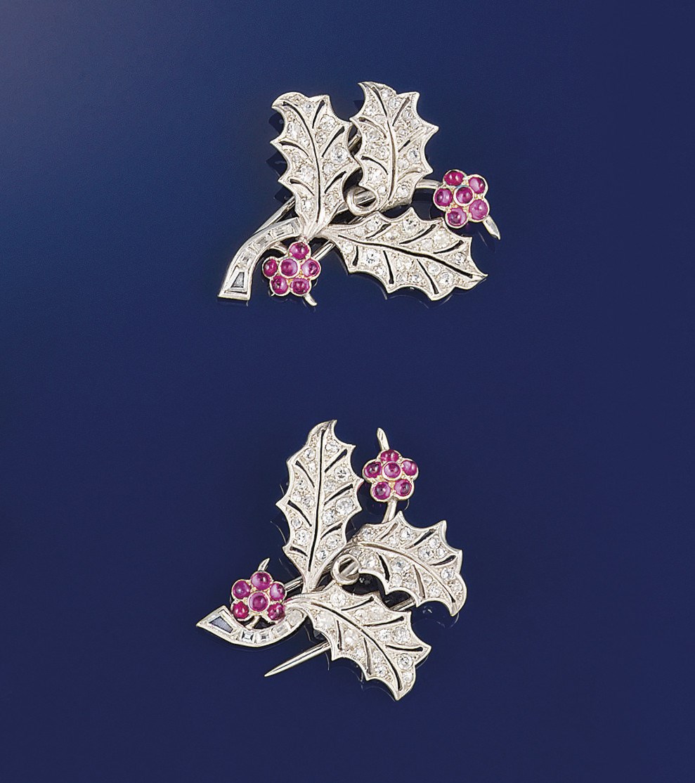 A Pair of Diamond and Ruby Novelty Brooches
