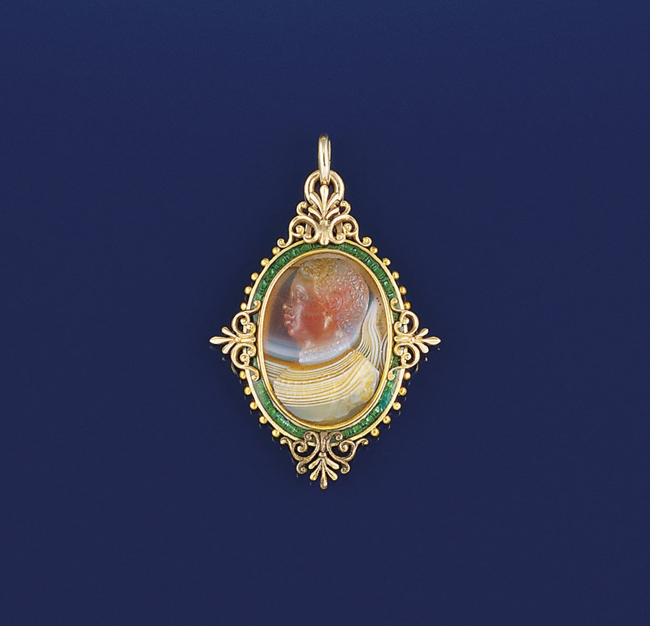 A 19th century French gold and enamel hardstone cameo pendant, by Froment-Maurice