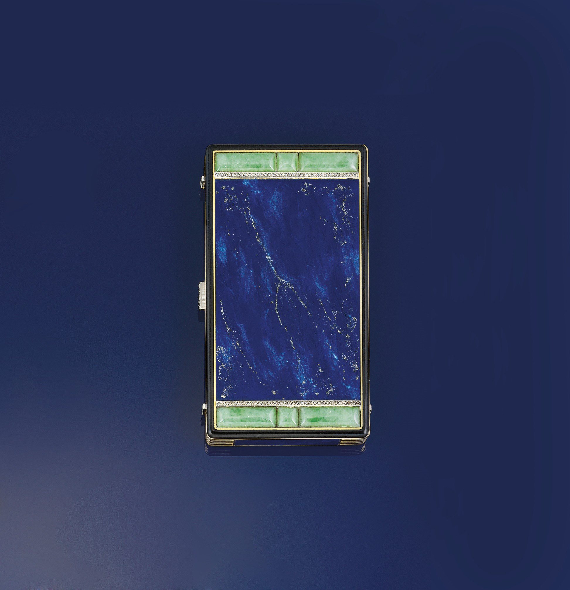 A French Art Deco gold, jade, lapis lazuli and diamond vanity case