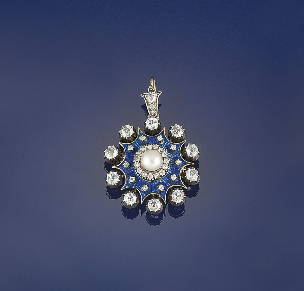 A late 19th century diamond, pearl and enamel brooch/pendant