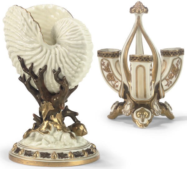 A ROYAL WORCESTER CHINOISERIE TRIPLE SPILL VASE AND A NAUTILUS SHELL VASE
